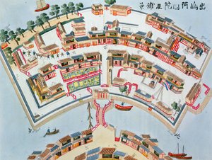 Plán holandské továrny na ostrově Desima v Nagasaki, z ilustrací Japonska od Isaaca Titsingha (asi 1740-1812), vydáno v Londýně, 1822 od Dutch School
