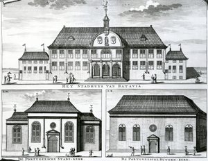 Portugalský kostel a radnice v Batavia, 19. století, od Dutch School
