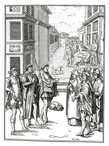 Prodej od Town Crier, po dřevorytu v Praxis Rerum Civilium od Joose de Damhoudera (1507-81), vydaný Antverpy, 1557 od Dutch School