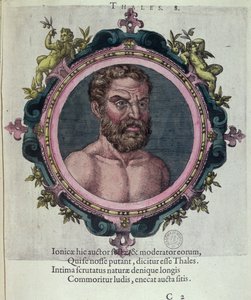 Thales of Miletus (asi 625-547 př. n. l.), ilustrace z Ikony starověké a nedávné fyziky a filozofů od Johannese Sambucuse (1531-1584), vydal Plantin v Antverpách 1574 (barevná rytina) od Dutch School