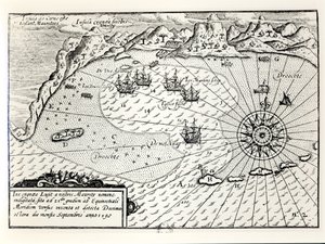 Příjezd viceadmirála Wybrandta Van Warwijcks Flotilla do jihovýchodního přístavu Mauritius v září 1598 od Dutch School