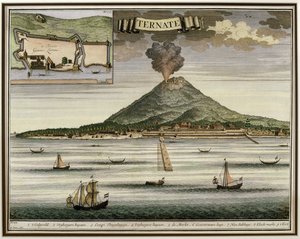 Ostrov Ternate, Moluky, Indonésie, ilustrace z knihy Oud Nieuw Oost-Indien, 1724-26 od Dutch School
