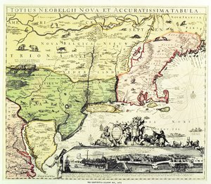 Mapa Restitutio-Allardt New Amsterdam, rytá a hospoda. od Carolus Allardt, 1673 (mědirytina)