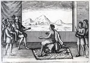 Setkání královny Nzingy z Ndonga s portugalským guvernérem Luandy Joaem Correiou de Sousou v roce 1622 (rytina) od Dutch School