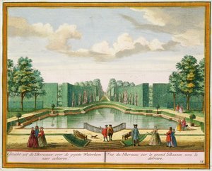 Pohled z altánu nad velkým jezerem, z Het Zeganplant Kennemerlant, od Hendricka de Letha a Matthiase Brouerius Van Nidek, vydáno kolem 1700-1730 od Dutch School