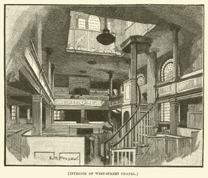 Interiér kaple West-Street Chapel (rytina) od E.H. Fitchew