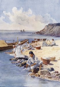 Korejské ženy perou prádlo v řece (barva litho) od E.H. Fitchew