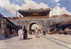 Jedna z bran Soulu, hlavního města Koreje (barva litho) od E.H. Fitchew