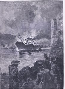 Španělská americká válka: Potopení Merrimacu, ilustrace z Cassells History of England, 1900