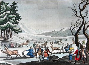 Tunguové opouštějící zimní tábor na saních tažených soby, asi 1820 (barevná rytina) od E. (after) Karnejeff