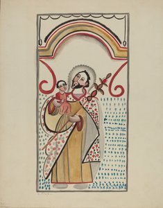 Detail z velkého oltáře na východní zdi kostela Sanctuario v Chimayo. Svatý Kryštof od E. Boyd