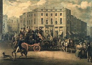 "The Age" Brighton Coach u Bull and Mouth, Regent Circus (rytina) od E. F. Lambert