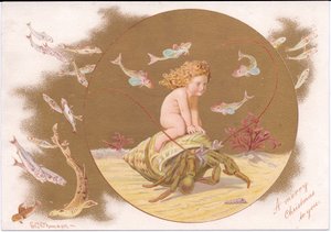 Viktoriánské vánoční přání kraba poustevníka ve skořápce, který jede na vodní hladině obklopené hejnem ryb, od Gertrude Thompsonové, kolem roku 1895 (barva litho)