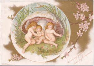 Viktoriánské Vánoce skupiny víl, které se ukrývají před deštěm pod muchomůrkou, Gertrude Thompson, kolem roku 1895 (barevné lito)