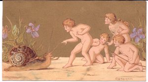 Viktoriánské přání čtyř nahých víl škádlících šneka na zlatém pozadí od Gertude Thompsonové, kolem roku 1895 (barva litho)