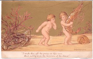 Viktoriánské přání dvou vodních miminek na laně se šnekem a korálem na mořském dně, vše na zlatém pozadí, od Gertude Thompsonové, kolem roku 1895 (barva litho)