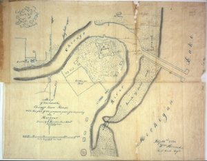Mapa ústí řeky Chicago, Illinois s plánem navrhovaných mol pro zlepšení přístavu, 1830