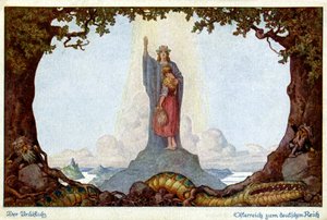 Dějiny. svazu Rakouska a Německa. Alegorie od E. Kutzera, Rakousko, kolem roku 1920 (pohlednice) od E. Kutzer