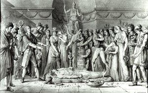 Pohřeb Jeana Paula Marata (1743-93) v kapli Club des Cordeliers, 16. července 1793, asi 1793 (perem a tuší na papíře) (čb fotografie) od E. Le Sueur