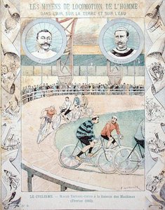 Charles Terront (1857-1932) a Jules Corre v Galerii des Machines v únoru 1893, ze školní učebnice (barevné litho) od E. Letellier