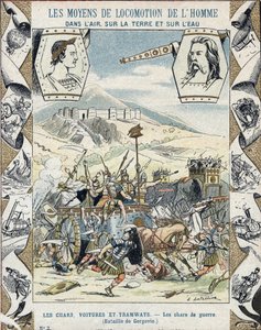 Galské válečné vozy v bitvě u Gergovia - Z ochranného pouzdra na učebnice, konec 19. století - Tanks de guerre a faux - Vercingetorix a la bitva de Gergovia (52 př. n. l.) během války Galů - ilustrace E Letellier - Protege poznámkový blok