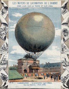 Provoz nafukování a vybavení zajateckého balónu Henryho Giffarda do Tuileries v Paříži 1878 - Z ochranného pouzdra na učebnice, konec 19. století - ilustrace E Letellier - výstava Universlle de 1878 v Paříži: inflace