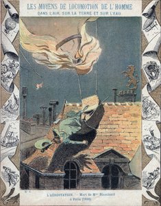 Smrt Marie Blanchardové, manželky aeronauta Jeana Pierra Blancharda, když její balón vzplál při demonstraci nad Paříží, 6. června 1819 – Z ochranného pouzdra na učebnice, konec 19. století – Mort de Madame Blanchard – 16. července 1819, i