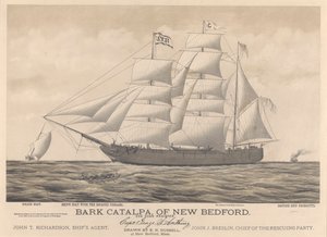 Bark Catalpa z New Bedfordu, policejní člun, lodní člun a britská loď Georgette od E. N. Russell