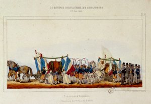 Tanec sládků a bednářů během průmyslového průvodu ve Štrasburku 25.6.1840. Simonova litografie od E. Simon