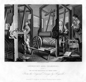 Kolegové prentice u jejich tkalcovských stavů, deska I of Industry and Idleness, 1833. od E. Smith