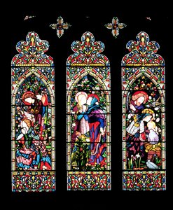 Zvěstování, Navštívení a Narození Páně od Laversa a Barrauda, 1860 (vitráže) (viz také 11886) od E. and Halliday, M. F. Burne Jones