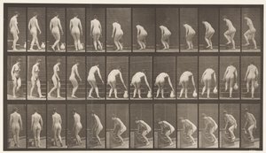 Talíř 108. Otáčet se po schodech nahoru, sklánět se, zvednout džbán, 1872-1885 od Eadweard Muybridge