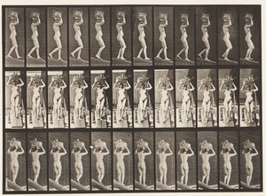 Talíř 123. Sestupný sklon, 20 lb koš na hlavě, zvednuté ruce, 1872-1885 od Eadweard Muybridge