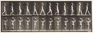 Talíř 27. Chůze, 70 lb. Kámen na hlavě, ruce zdvižené od Eadweard Muybridge