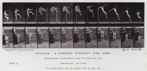 Lidská postava v pohybu: Atlet, běžící, rovný skok do výšky (černobílá fotografie) od Eadweard Muybridge