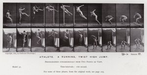 Lidská postava v pohybu: Atlet, běhající, twist vysoký skok (černobílá fotografie) od Eadweard Muybridge