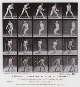 Lidská postava v pohybu: Sportovec, chytání míče, "chyba" (černobílá fotografie) od Eadweard Muybridge