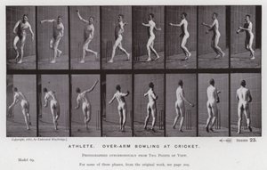 Lidská postava v pohybu: Sportovec, bowling přes paži v kriketu (černobílá fotografie) od Eadweard Muybridge