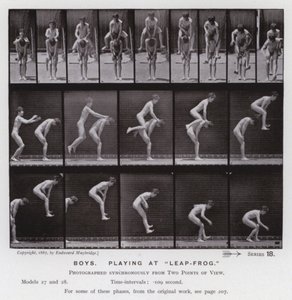 Lidská postava v pohybu: Chlapci, hrající v "Leap-Frog" (č/b foto) od Eadweard Muybridge