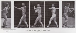 Lidská postava v pohybu: Fáze odpalování v baseballu (černobílá fotografie) od Eadweard Muybridge