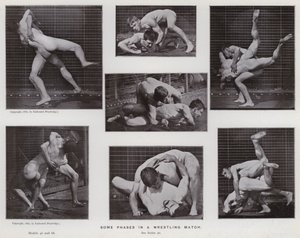 Lidská postava v pohybu: Některé fáze zápasového zápasu (černobílá fotografie) od Eadweard Muybridge