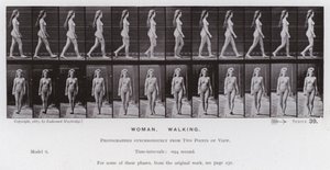 Lidská postava v pohybu: Žena, chůze (č/b foto) od Eadweard Muybridge