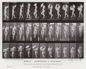 Lidská postava v pohybu: Žena sestupuje po schodech (č/b foto) od Eadweard Muybridge