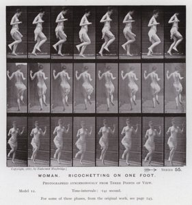 Lidská postava v pohybu: Žena, odrazující se na jedné noze (černobílá fotografie) od Eadweard Muybridge