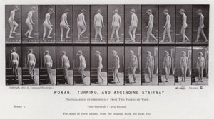 Lidská postava v pohybu: Žena, otáčející se a stoupající schodiště (černobílá fotografie) od Eadweard Muybridge