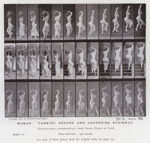Lidská postava v pohybu: Žena, otáčející se a stoupající po schodech (č/b foto) od Eadweard Muybridge