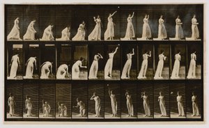Žena zvedá míč a hází ho, z knihy Pohyb zvířat od Eadweard Muybridge
