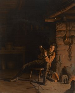 Chlapectví Lincolna. (Večer ve srubu.), 1868 (chromolitografie na papíře na desce)