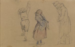 Tři holandské figury, cca 1852 (grafit, wc a bílá křída na hnědém papíře) od Eastman Johnson
