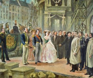 Baron Georges-Eugene Haussmann (1809-91), Napoleon III (1808-73) a císařovna Eugenie (1826-1920) na návštěvě u dělníků v opeře od Ed. Gilis